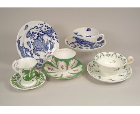 COALPORT. A Coalport Blue Dragon trio &amp; a Coalport floral enamelled cup &amp; saucer, c.1835, &amp; two other Coalport cu