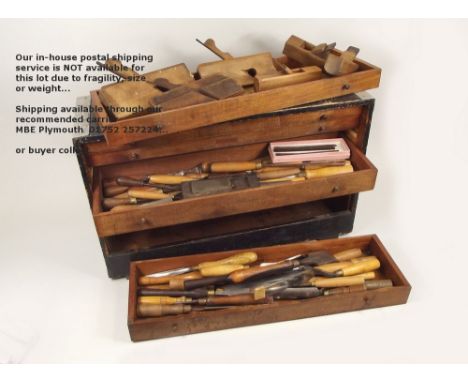 WOOD WORKING TOOLS.A cabinet of wood worker's tools, including antique chisels by Marples, Charles Taylor, James Howarth & ot