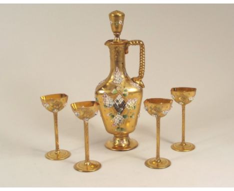 LIQUEUR SET.A 19th century liqueur set, the clear glass with gilt overlay & sprays of applied ceramic flowers. The decanter N