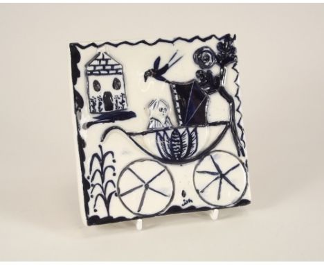 WILFRED GIBSON. A Wilfred Gibson, Falmouth tile, with hand written label to the reverse. 13 x 13cm.