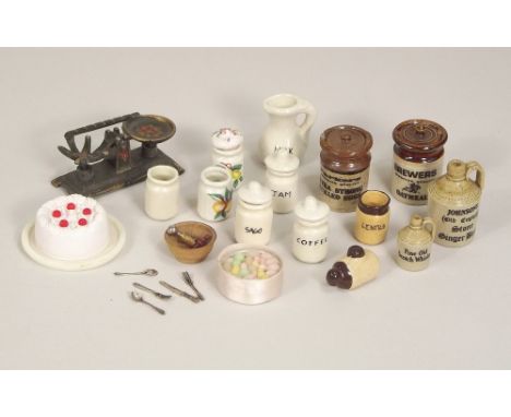 DOLL'S HOUSE ACCESSORIES.A collection of doll's house kitchen accessories including ceramic store jars, metal knives & forks 