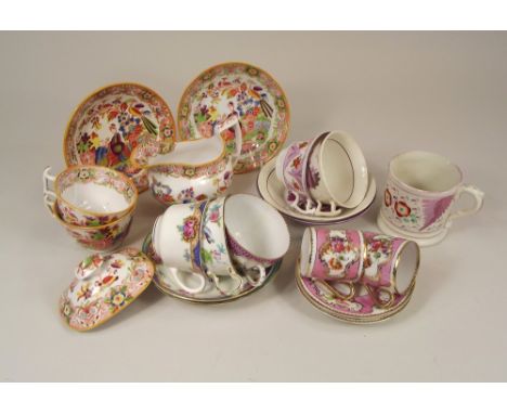 ENGLISH CERAMICS.A Hilditch early 19th century Pagoda pattern jug & matching cups & saucers etc, & other later 19th century E