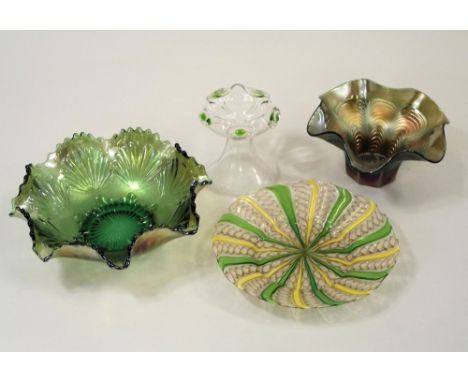 ITALIAN GLASS ETC. An Italian latticino glass dish, 17cm, an Art Nouveau small glass vase etc.