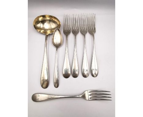 A collection of Austrian silver cutlery, including four small forks, a sauce ladle, tea spoon and large fork. Hallmarked: 800