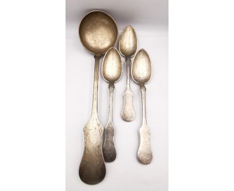 A large 19th century Austrian silver ladle and three matching serving spoons. Hallmarked with Austrian assay mark for 1867, m