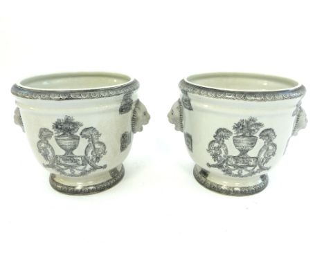 Pair of Chinese porcelain flower pots, floral and vase decoration, over cream ground, lion mask handles, puce seal mark to ba