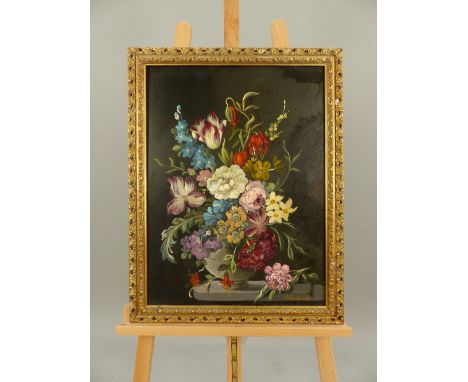 E Vanderman, 20th C, old master study of a floral bouquet in a vase, oil on board, 69 x 44cm