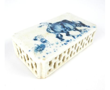 Chinese paperweight ceramic, decoration of ox + children pierced grill sides, 13 cm w. 