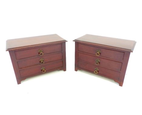 Pair of early 20th C mahogany jewellers' drawers, miniature three drawer chests, bracket feet, 24 x 35cm (2)