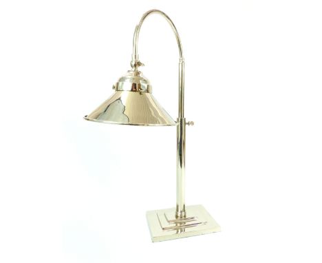 Art Deco style chrome plated desk lamp, the conical shade on a shepherd's crook adjustable support and rectangular stepped ba