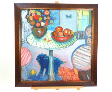 20th century school, table and flowers by dog playing with ball, acrylic on canvas, 76x76cm 