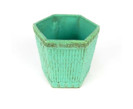 Chinese hexagonal brush pot, ceramic faux bamboo body, impress character stamp to base, 12.5 cm h