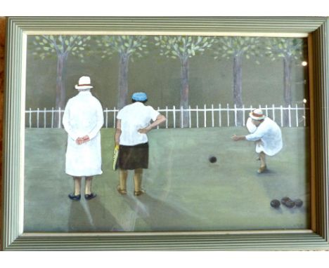 Lawn bowls interest, BMF, 21st C, 3 ladies playing lawn bowls, watercolour, 35.5x52cm