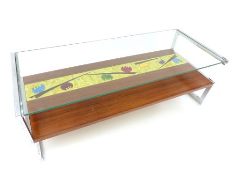 Mid 20th C coffee table, glass over tile and wood shelf, tiles ESBE?, chrome frame, 39 x 122 x 50cm