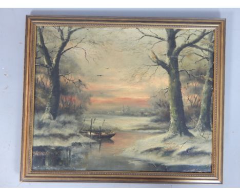 In the manner of Louis Apol, winter landscape of river running through forest, oil on canvas,39 x 49cm with companion study a