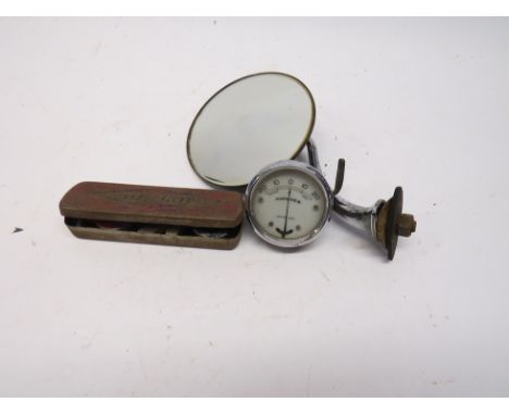 A dash amperes gauge, chromed mirror and an early Dunlop tyre repair kit. a/f