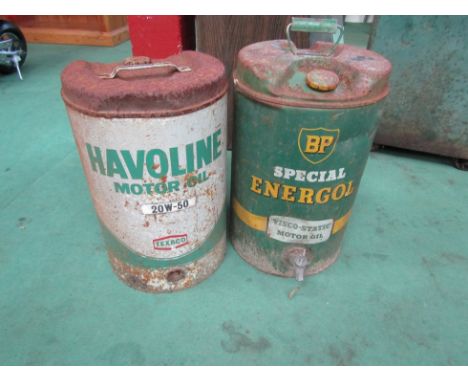 A BP 'Special Energol' oil can with tap and a Havoline oil can