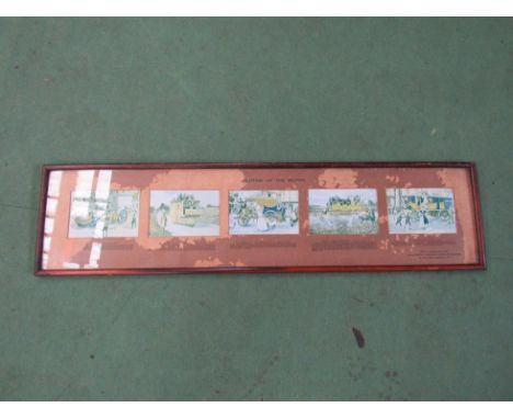 A framed and glazed 'Evolution of the motor' compliment prints. ' With the compliments of the car &amp; general insurance cor