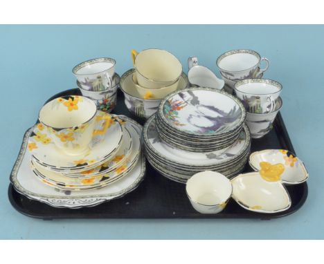 A six setting Art Deco Abbey pattern by Fenton tea set plus three Crown Ducal 'Sunburst' trios etc