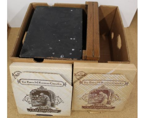 A vintage Hepburn &amp; Cocks lockable tin trunk (no key), an oak cased canteen of cutlery plus two boxed collectors plates