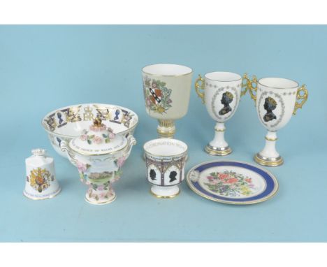 Eight items of Royal commemorative china including a pair of Coalport Silver Jubilee two handled goblets, a Spode chalice to 