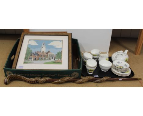 Three framed wool work pictures of Southwold, a twenty one piece tea set plus an Indian carved wood King Cobra walking stick