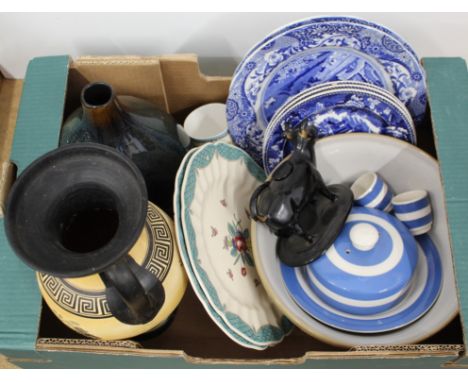 A box of mixed ceramics including Spode Italian plates, T G Green lidded cheese/butter dish, large Adams vase etc