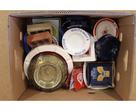 A box of mixed advertising ashtrays, ceramic, glass and plastic including brass 'Take Courage' and two London Brick Company e