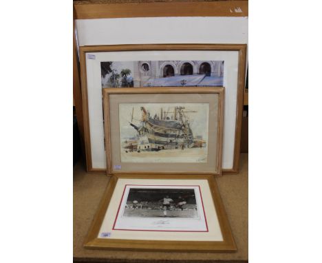 Two framed motor racing prints, one of the Monte Carlo Grand Prix with Stirling Moss, a framed photo of Geoff Hurst scoring t