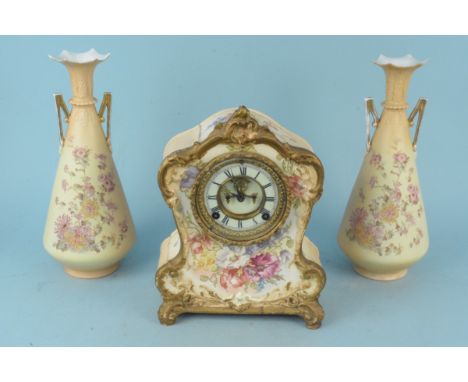 A pair of R W Rudolstadt blush vases plus a Royal Bonn porcelain 'La Clar' ceramic clock in a blush finish, 32cm tall