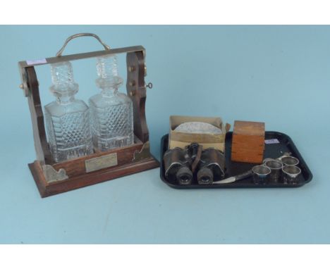 A pair of Carl Zeiss binoculars, a boxed miniature brass marine compass, napkin rings and a two bottle tantalus etc