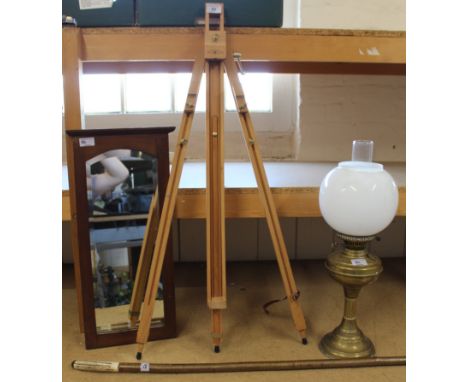 A mixed lot comprising of a Winsor &amp; Newton artists easel, a small mirror, brass oil lamp and walking stick