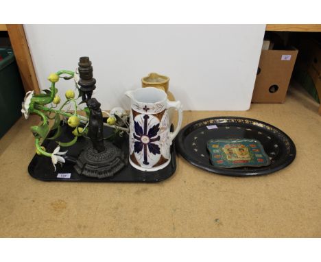 Two 19th Century jugs, a cast iron lamp base, a hanging three branch light and a 19th Century papier mache tray