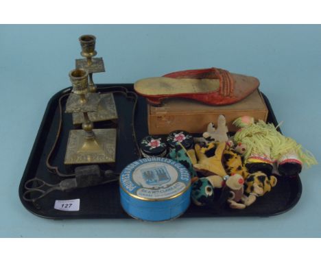 Mixed items including brass candlesticks, cigarette cards, soft toys etc