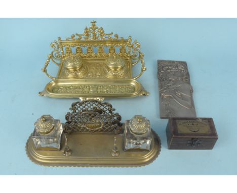 Two brass desk inkwells, an Art Nouveau style wall plaque plus a miniature boxed Victorian style telescope