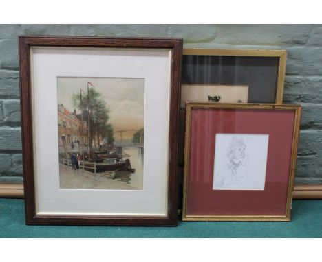 A framed print of two gentlemen fencing, a framed facsimile of boats at dock plus a pencil sketch of a lady