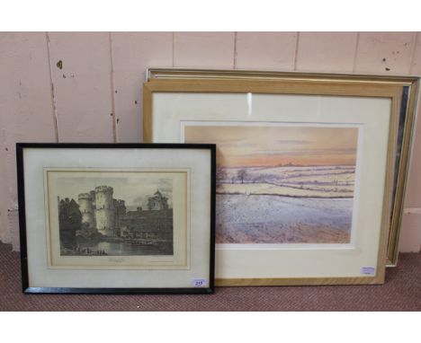A framed oil on canvas 'Ploughing', signed H J Rous '77, a pair of silk screen prints 'Winter Dusk 1995' and 'Summer Dawn 199