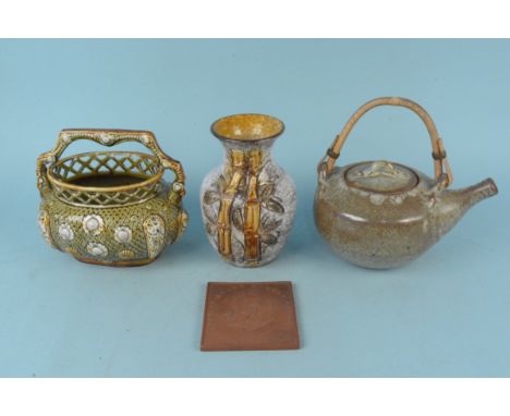 An Aylesbury pottery teapot, a green glazed handled basket, a bamboo decorated vase plus a terracotta portrait plaque of Prof