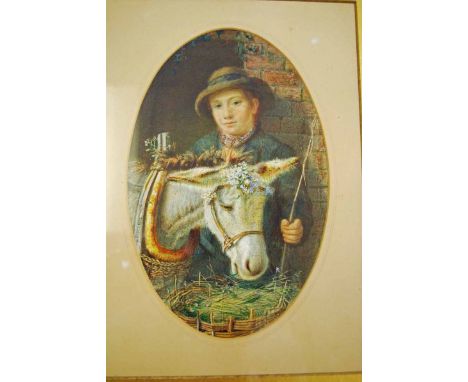 R P Richards (British 19th century), Boy with a Donkey, signed watercolour in oval mount, 22cm by 14.5cm, bears label verso e