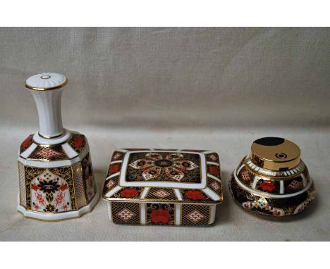 Royal Crown Derby 1128 Imari pattern: a Hand Bell, a Table Lighter and a covered Box (3) 