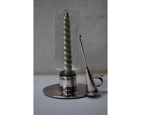 A John Dixon epns Chamber Light with glass chimney &amp; extended snuffer, 22cm high 