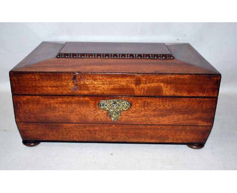 A 19th century mahogany Trinket Box, rectangular form, hinged lid with central rectangular cartouche, brass carry handles, fi
