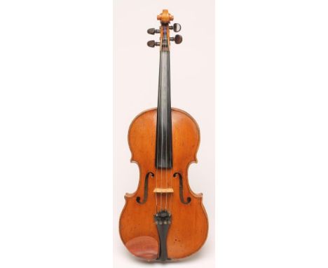 A VIOLIN with one piece back, slightly notched sound holes, rosewood turners, stamped "Thouvenel Henry" and inked 8553, butto