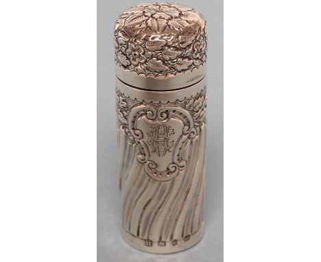 A LATE VICTORIAN SILVER SCENT BOTTLE, maker's mark indistinct, Birmingham 1893, of semi wrythen fluted cylindrical form, repo