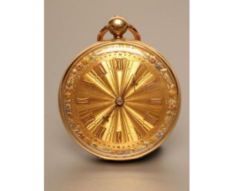 AN 18CT GOLD SMALL POCKET WATCH, the sunburst engine turned gilt dial with raised Roman numerals within a tri-colour gold fol