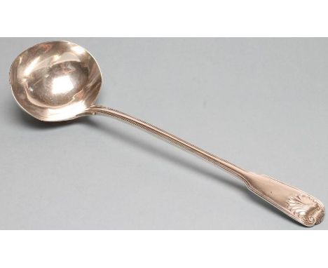 AN EARLY VICTORIAN SILVER SOUP LADLE, maker's mark WE, London 1842, in Fiddle, Thread and Shell pattern, 14" long, 9ozs 10dwt