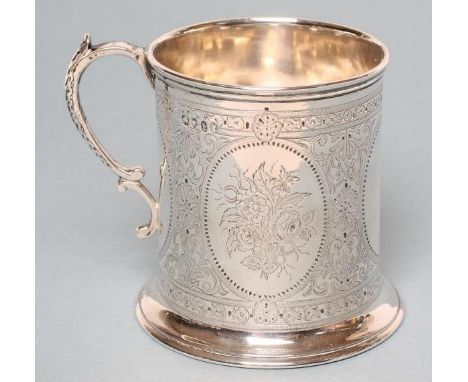 A VICTORIAN SILVER MUG, maker probably Stephen Smith, London 1866, of plain tapering cylindrical form, bright cut engraved wi