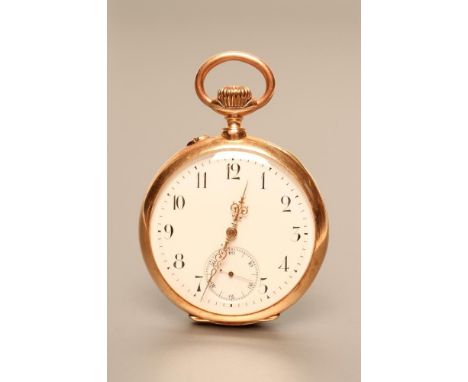 A 14CT GOLD POCKET WATCH, the white enamel dial with black Arabic numerals enclosing subsidiary seconds dial and open scroll 