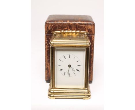 A GILDED BRASS CASED CARRIAGE CLOCK, c.1900, the twin barrel repeater movement regulated by a platform escapement and gong st