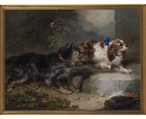 ATTRIBUTED TO GEORGE ARMFIELD (1808-1893), Spaniel and Terriers Playing, oil on canvas, indistinctly signed and dated 1866, 1